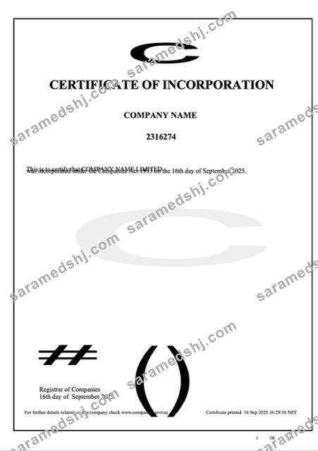 New Zealand certificate of incorporation Word and PDF template, version 2